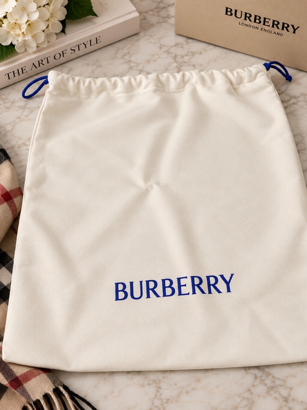 Burberry White Cotton Dust Bag with Blue Logo